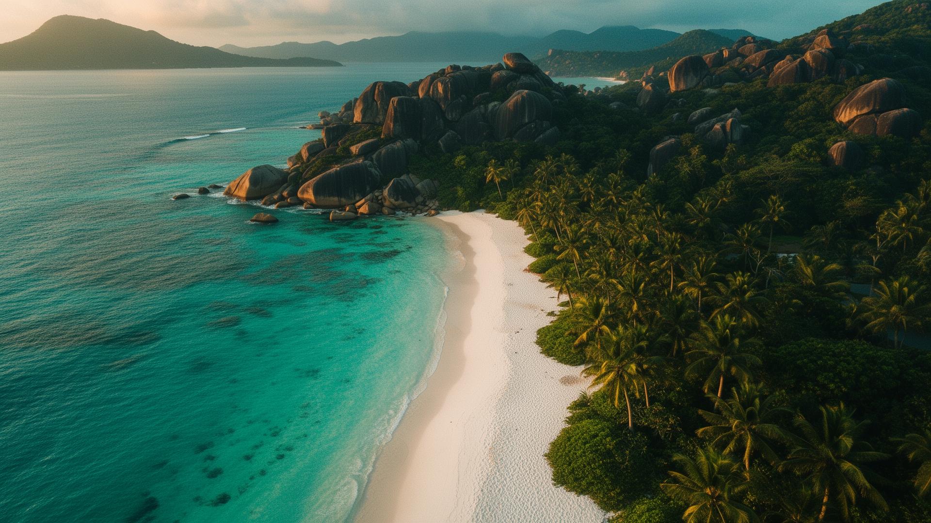 Seychelles turquoise waters with granite boulders at golden hour