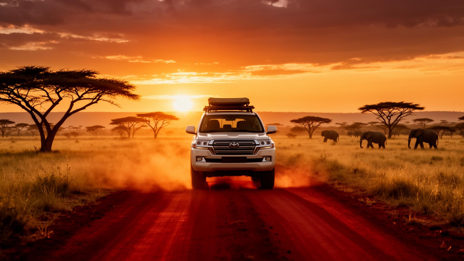 Toyota Land Cruiser on red African dirt road at dramatic sunset with elephants